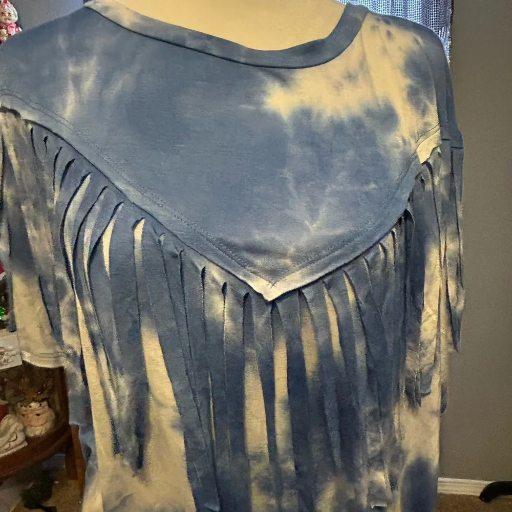 Vine & Love Blue and White Fringe Blouse - Picture 2 of 6